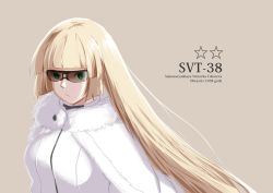 Rule 34 | 1girl, blonde hair, blunt bangs, breasts, capelet, character name, closed mouth, commentary request, fur-trimmed capelet, fur trim, girls&#039; frontline, green eyes, highres, hime cut, huge filesize, jacket, long hair, looking at viewer, medium breasts, russian text, simple background, solo, star (symbol), sunglasses, svt-38 (girls&#039; frontline), tan background, upper body, very long hair, wahen-s, white capelet, white jacket