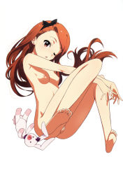 Rule 34 | 1girl, absurdres, barefoot, black ribbon, breasts, brown hair, cleft of venus, earrings, feet, female focus, hair ribbon, highres, idolmaster, idolmaster (classic), jewelry, long hair, minase iori, nipples, nishigori atsushi, nude, nude filter, one eye closed, pussy, rabbit, red eyes, ribbon, simple background, sitting, small breasts, soles, solo, stuffed animal, stuffed toy, third-party edit, toes, uncensored, white background, wink