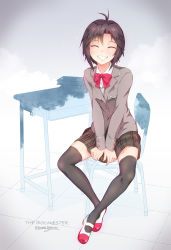 Rule 34 | 1girl, :d, antenna hair, between legs, black skirt, black thighhighs, blazer, blush, book, book stack, bow, bowtie, brown hair, chair, character name, copyright name, crossed ankles, cup, desk, facing viewer, full body, gradient background, grey background, grey jacket, hand between legs, highres, idolmaster, idolmaster (classic), jacket, kikuchi makoto, long sleeves, ns.x, on chair, open mouth, panties, pencil, pink bow, pink bowtie, pink panties, plaid, plaid skirt, red bow, red bowtie, school chair, school desk, shoes, short hair, sitting, skirt, smile, solo, striped bow, striped bowtie, striped clothes, striped neckwear, thighhighs, underwear, uwabaki, v arms, white footwear, zettai ryouiki