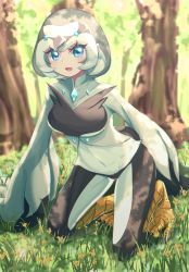 Rule 34 | 1girl, bird hood, bird legs, black hair, blue eyes, blush, breasts, commentary request, duel monster, flower, forest, gem, grass, harpy, highres, hood, kneeling, looking at viewer, lyrilusc - celestine wagtail, medium breasts, monster girl, multicolored hair, nature, open mouth, solo, talons, towofuya, two-tone hair, white hair, winged arms, wings, yellow flower, yu-gi-oh!