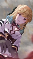 Rule 34 | 1girl, belt, blonde hair, blue hair, blurry, bow, bowtie, braid, breasts, breasts apart, brown belt, center opening, commentary request, counter:side, depth of field, dot nose, embers, foreshortening, from below, gloves, gradient hair, highres, jacket, leaning forward, light blush, long sleeves, looking at viewer, looking down, lyudmila (counter:side), medium hair, miniskirt, multicolored hair, open mouth, pleated skirt, purple eyes, reaching, reaching towards viewer, ribbon braid, shade, skirt, sleeve cuffs, smoke, solo, tearing up, thighhighs, white jacket, white skirt, yokoshimahama, zettai ryouiki