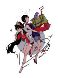 Rule 34 | 1girl, awkwardtomato, bare shoulders, barefoot, brother and sister, carrying bag, collarbone, eating, family crest, fate/grand order, fate (series), food, food in mouth, full body, hat, heart, holding, holding food, holding popsicle, ice cream, jacker, jacket, long hair, long sleeves, military hat, oda nobukatsu (fate), oda nobunaga (fate), oda nobunaga (swimsuit berserker) (fate), oda uri, open clothes, open jacket, popsicle, popsicle in mouth, popsicle stick, red eyes, sandals, shorts, siblings, simple background, skirt, sleeveless, swimsuit, trap, white background