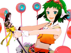 Rule 34 | 1girl, ame (conronca), bad id, bad pixiv id, belt, goggles, green eyes, green hair, gumi, headphones, matching hair/eyes, microphone, microphone stand, midriff, ribbon, short hair, skirt, smile, solo, vintage microphone, vocaloid, wing collar, wrist cuffs