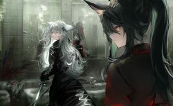 Rule 34 | 2girls, animal ear fluff, animal ears, arknights, black coat, black gloves, black hair, blood, blood on face, broken mirror, coat, faucet, gawako, glass writing, gloves, hair between eyes, hair ornament, hairclip, heart, highres, holding, holding sword, holding weapon, indoors, lappland (arknights), long hair, looking at another, looking back, mirror, multiple girls, official alternate costume, orange eyes, ponytail, red shirt, reflection, scar, scar across eye, scar on face, shirt, sidelocks, silver hair, sink, sword, texas (arknights), texas (willpower) (arknights), tile wall, tiles, very long hair, weapon, wolf ears, yuri