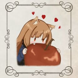 Rule 34 | 1girl, animal ear fluff, animal ears, apple, blunt bangs, blush, brown hair, commentary, cropped legs, eating, english commentary, fang, food, fruit, grey background, happy, heart, highres, holding, holding food, holding fruit, holo, leonidas zalam, long hair, simple background, solo, spice and wolf, wolf, wolf ears, wolf girl, | |