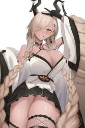 Rule 34 | 1girl, absurdres, azur lane, bare shoulders, black horns, black skirt, black thighhighs, blonde hair, braid, breasts, brown horns, cleavage, commentary request, cowboy shot, earrings, eyes visible through hair, fishnet gloves, fishnet thighhighs, fishnets, gloves, hair ornament, hair over one eye, hairclip, highres, horn ornament, horns, jewelry, large horns, long hair, long sleeves, looking at viewer, low twin braids, miniskirt, mole, mole under mouth, owari (azur lane), pleated skirt, rk (cc15915r), simple background, skirt, smile, solo, thighhighs, twin braids, v, very long hair, white background, yellow eyes