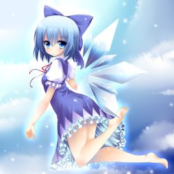 Rule 34 | 1girl, ass, bare legs, barefoot, blue eyes, blue hair, blue sky, blush, bow, cirno, cloud, dress, flying, frills, frown, hair bow, legs up, light particles, looking at viewer, matching hair/eyes, puffy short sleeves, puffy sleeves, ribbon, short sleeves, sky, solo, touhou, wedgie, wings, yuu sagi