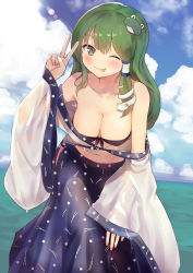 Rule 34 | 1girl, ;p, bare shoulders, blue skirt, blue sky, breasts, cleavage, cloud, collarbone, commentary request, culter, day, detached sleeves, frog hair ornament, green eyes, green hair, hair ornament, hair tubes, highres, kochiya sanae, leaning forward, long hair, looking at viewer, medium breasts, one eye closed, outdoors, skirt, sky, smile, snake hair ornament, solo, standing, summer, tongue, tongue out, touhou, v, wet, wet clothes