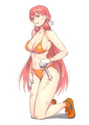 Rule 34 | 1girl, akashi (kancolle), bikini, breasts, cleavage, collarbone, full body, gloves, green eyes, hair ribbon, halterneck, highres, kantai collection, large breasts, long hair, orange bikini, orange footwear, pink hair, red ribbon, ribbon, shadow, shoes, simple background, sneakers, solo, string bikini, swimsuit, tress ribbon, white background, white gloves, wrench, yuuji (and)