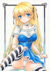 Rule 34 | 1girl, black ribbon, blonde hair, blue dress, blue eyes, blush, buttons, cameltoe, choker, closed mouth, clothes lift, collar, collarbone, collared shirt, dress, dress lift, frilled choker, frilled collar, frilled dress, frilled panties, frilled shirt collar, frills, hair between eyes, hair ribbon, lifted by self, long hair, looking at viewer, marker (medium), millipen (medium), original, panties, puffy short sleeves, puffy sleeves, ren (endscape20), ribbon, ribbon-trimmed choker, ribbon-trimmed collar, ribbon-trimmed sleeves, ribbon trim, see-through, shadow, shirt, short sleeves, sitting, solo, striped clothes, striped thighhighs, thighhighs, traditional media, two side up, undershirt, underwear, very long hair, white background, white panties, white shirt, wrist cuffs