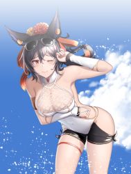Rule 34 | 1girl, bent over, black hair, blue sky, blush, breast hold, breasts, cementite, cleavage, cloud, collarbone, covered navel, day, detached sleeves, earrings, erune, eyewear on head, flower, granblue fantasy, hair flower, hair ornament, hair ribbon, highres, ilsa34660285, ilsa (granblue fantasy), jewelry, large breasts, long hair, looking at viewer, one eye closed, outdoors, red eyes, ribbon, sky, smile, solo, sunglasses, swimsuit, thigh strap, water, wince