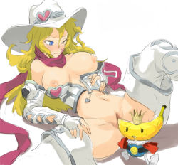 Rule 34 | 1girl, bad id, bad pixiv id, banana, blonde hair, blue eyes, boots, breasts, censored, crown, elbow gloves, food, fruit, functionally nude, fuurai no shiren, gloves, hat, katsuma (perestronica), long hair, milly (fuurai no shiren), mosaic censoring, nude, object insertion, one eye closed, pussy, saliva, solo, spread legs, tokoya, vaginal, vaginal object insertion, wink