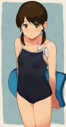 Rule 34 | 1girl, banned artist, blue background, blue one-piece swimsuit, blue school swimsuit, breasts, brown eyes, brown hair, collarbone, competition school swimsuit, cowboy shot, flat chest, framed, holding, kantai collection, kickboard, looking at viewer, low twintails, makio (makiomeigenbot), one-piece swimsuit, open mouth, parted bangs, school swimsuit, shirayuki (kancolle), short hair, short twintails, signature, simple background, small breasts, solo, standing, unworn swim cap, swimsuit, twintails