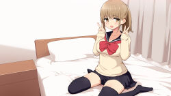 Rule 34 | :d, bed, beige sweater, black sailor collar, black skirt, black thighhighs, blush, bow, breasts, brown eyes, brown hair, cleavage, double v, hands up, highres, indoors, large bow, large breasts, light brown hair, long sleeves, looking at viewer, no shoes, on bed, open mouth, original, pleated skirt, ponytail, red bow, room, sailor collar, school uniform, serafuku, shii (eve), sidelocks, sitting, skirt, sleeves past wrists, smile, thighhighs, v, wariza, zettai ryouiki