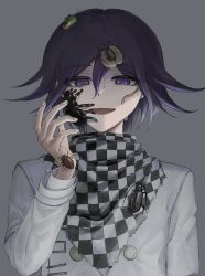 Rule 34 | 1boy, :d, aji kosugi, black hair, bug, checkered background, checkered clothes, checkered scarf, commentary request, danganronpa (series), danganronpa v3: killing harmony, grey background, hair between eyes, hand up, highres, long sleeves, looking at viewer, male focus, open mouth, oma kokichi, purple eyes, purple hair, scarf, short hair, smile, solo, spider, straitjacket, sweat, upper body