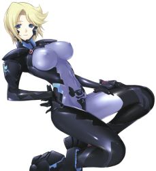 Rule 34 | 1girl, armor, artist request, blonde hair, blue eyes, bodysuit, breasts, covered erect nipples, female focus, fortified suit, highres, impossible clothes, large breasts, looking at viewer, muv-luv, muv-luv alternative, muv-luv total eclipse, short hair, simple background, skin tight, smile, solo, stella bremer, total eclipse, white background