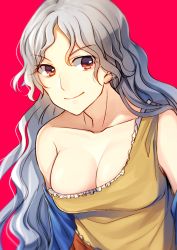 Rule 34 | 1girl, arms at sides, bare shoulders, breasts, cleavage, closed mouth, collarbone, detached sleeves, dress, kaede (mmkeyy), long hair, looking at viewer, medium breasts, multicolored clothes, multicolored dress, red eyes, sakata nemuno, silver hair, simple background, single strap, smile, solo, touhou, upper body, wavy hair