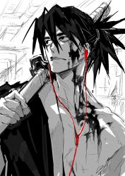 Rule 34 | 1boy, bare shoulders, blood, blood on face, closed mouth, collarbone, earbuds, earphones, greyscale, hair between eyes, highres, holding, holding sheath, japanese clothes, katana, katana zero, kimono, looking away, male focus, manly, monochrome, ogata tomio, over shoulder, ponytail, scabbard, sheath, short hair, sketch, solo, spot color, sword, upper body, weapon, zero (katana zero)