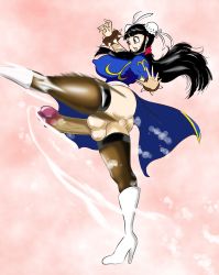 Rule 34 | 1girl, ass, bad id, bad pixiv id, black eyes, black hair, blue dress, blunt bangs, boots, bracelet, breasts, brown pantyhose, bun cover, capcom, chi-chi (dragon ball), china dress, chinese clothes, chun-li, chun-li (cosplay), commentary, cosplay, cum, dragon ball, dress, ejaculation, eyelashes, futanari, high heel boots, high heels, highres, jewelry, kicking, large breasts, large penis, long hair, newhalf, pantyhose, pelvic curtain, penis, perineum, puffy sleeves, retro artstyle, sash, short sleeves, solo, spiked bracelet, spikes, standing, standing on one leg, stiletto heels, street fighter, surigoma, testicles, thighhighs, thighs, uncensored, very long hair, white footwear