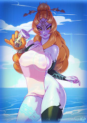 Rule 34 | 1girl, bare shoulders, breasts, closed mouth, colored skin, front ponytail, green skin, hair ornament, hair scrunchie, hairclip, kajin (kajinman), large breasts, lips, long hair, looking at viewer, midna, midna (true), naked towel, navel, nintendo, orange hair, purple lips, red eyes, scrunchie, see-through, sideboob, smile, solo, standing, sweat, the legend of zelda, the legend of zelda: twilight princess, tiara, toned, towel, water