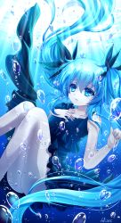 Rule 34 | 1girl, bad id, bad pixiv id, blue eyes, blue hair, bubble, dress, felicia-val, hatsune miku, highres, long hair, matching hair/eyes, shinkai shoujo (vocaloid), solo, submerged, twintails, underwater, very long hair, vocaloid