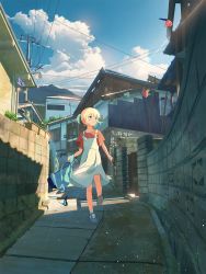 Rule 34 | 1girl, aqua hair, bag, black cat, blonde hair, blue butterfly, blush, bug, building, butterfly, cat, day, dress, gate, handbag, highres, bug, looking to the side, multicolored hair, original, outdoors, power lines, purple butterfly, red butterfly, scenery, short hair, smile, sunlight, two-tone hair, walking, white dress, yuki no city