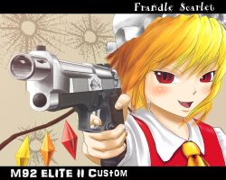 Rule 34 | 1girl, ascot, blonde hair, brown background, character name, collared shirt, crystal, english text, fang, flandre scarlet, gun, hat, looking at viewer, medium hair, mob cap, multicolored wings, open mouth, pointing gun, red eyes, red vest, shirt, simple background, solo, taikyokuturugi, touhou, type 92 (handgun), v-shaped eyebrows, vest, weapon, white hat, white shirt, wings, yellow ascot