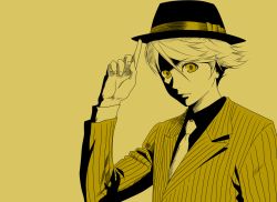 Rule 34 | 1boy, atlus, fedora, formal, gintama, hat, hat tip, kuma (persona 4), looking at viewer, male focus, monochrome, necktie, parody, persona, persona 4, pinstripe pattern, pointing, short hair, smile, solo, striped, suit, uzu hi, yellow eyes, yellow theme