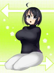 Rule 34 | 10s, 1girl, ahoge, aldiana, black hair, blush, breasts, brown eyes, glasses, highres, kneeling, large breasts, looking at viewer, open mouth, oyuki (otozuki mozuku), servant x service, short hair, solo, sweater, yamagami lucy