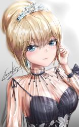 Rule 34 | 1girl, absurdres, armpit peek, artist request, blonde hair, blue eyes, breasts, cleavage, dress, earrings, hair bun, hand in own hair, highres, hololive, hololive english, jewelry, large breasts, looking at viewer, mole, mole on breast, official alternate costume, see-through, short hair, sideboob, single hair bun, smile, solo, strap, tiara, virtual youtuber, watson amelia, watson amelia (party dress)