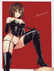 Rule 34 | 1girl, alternate costume, black bustier, black footwear, black gloves, black panties, black thighhighs, breasts, brown eyes, brown hair, bustier, dominatrix, elbow gloves, femdom, gloves, hair ornament, high heels, highres, holding, holding whip, kantai collection, katsuten, latex, latex gloves, latex legwear, latex panties, medium breasts, panties, red background, sendai (kancolle), solo focus, stepped on, thighhighs, two side up, underwear, whip