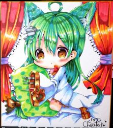 Rule 34 | 1girl, :&lt;, ahoge, akashi (azur lane), animal ears, artist name, azur lane, black bow, blush, bow, brown eyes, cat ears, chocolat (momoiro piano), commentary request, curtains, dress, frilled curtains, frills, green hair, hair between eyes, hair bow, hair ornament, long hair, long sleeves, marker (medium), parted lips, shikishi, sidelocks, signature, sleeves past fingers, sleeves past wrists, solo, traditional media, triangle mouth, very long hair, white dress, wide sleeves