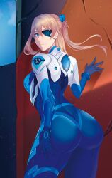 Rule 34 | 1girl,  back, alternate color, aseroraito, ass, ass grab, bad tag, blue bodysuit, blue eyes, bodysuit, breasts, brown hair, curvy, evangelion: 3.0 you can (not) redo, grabbing own ass, highres, huge ass, interface headset, long hair, medium breasts, neon genesis evangelion, plugsuit, rebuild of evangelion, shiny clothes, simple background, solo, souryuu asuka langley, stretching, two side up, wide hips