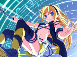 Rule 34 | 1girl, amakara surume, ass, bad id, bad pixiv id, blonde hair, blue eyes, boots, cable, cd, collar, female focus, headphones, lily (vocaloid), long hair, microphone, microphone stand, midriff, miniskirt, navel, skirt, smile, solo, thigh boots, thighhighs, vocaloid