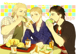 Rule 34 | ..., 3boys, animification, avengers (series), beard, black hair, black jacket, blonde hair, blue eyes, blue shirt, blush, brown eyes, burger, buttons, closed mouth, coffee cup, collarbone, commentary, cup, disposable cup, drink, drinking straw, english commentary, english text, facial hair, fingernails, food, food on face, french fries, green shirt, hand up, hands up, holding, holding burger, holding food, holding sandwich, jacket, long hair, long sleeves, looking at another, male focus, marvel, marvel cinematic universe, mcdonald&#039;s, multiple boys, omix, open clothes, open jacket, open mouth, open shirt, plaid, plaid shirt, red shirt, sandwich, shawarma, shirt, short hair, simple background, sitting, speech bubble, steve rogers, sunglasses, sweatdrop, t-shirt, table, teeth, thor (marvel), tony stark, tray, unworn eyewear, white background, white shirt
