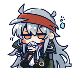 Rule 34 | 2girls, black jacket, blank eyes, blunt bangs, blush stickers, carrying, carrying person, chibi, chinese commentary, closed mouth, coat, commentary request, cross hair ornament, g11 (girls&#039; frontline), girls&#039; frontline, green coat, hair between eyes, hair ornament, half-closed eyes, headband, highres, hk416 (girls&#039; frontline), jacket, long hair, long sleeves, mini person, minigirl, multiple girls, official art, open clothes, open coat, red headband, simple background, su xiao jei, teardrop facial mark, upper body, very long hair, white background, yellow eyes