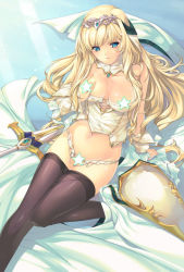 Rule 34 | 1girl, alice soft, blonde hair, blue eyes, breasts, censored, cleavage, covering privates, covering breasts, daiteikoku, orion, panties, sarah britten, shield, solo, sword, thighhighs, underwear, weapon, white panties
