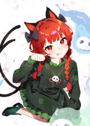 Rule 34 | 1girl, animal ears, black bow, black tail, blunt bangs, bow, braid, breasts, cat ears, cat tail, chikuzen1996, commentary request, dress, frilled dress, frills, green dress, hair bow, highres, jewelry, kaenbyou rin, kneeling, long hair, long sleeves, medium breasts, necklace, red eyes, red hair, simple background, skull necklace, tail, tongue, tongue out, touhou, twin braids, white background