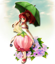 Rule 34 | 1girl, bubble skirt, cape, dress, flower, green eyes, hydrangea, leaf, long hair, pink hair, ponytail, rubia natwick, shoes, skirt, solo, tales of (series), tales of the tempest, umbrella