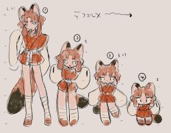 Rule 34 | 1boy, animal ears, animal feet, brown background, brown hair, chibi, closed mouth, commentary request, deformed, fox boy, fox ears, fox tail, full body, hand up, hands up, height chart, highres, japanese clothes, kimono, leg wrap, long hair, long sleeves, looking at viewer, male focus, monster boy, original, red kimono, shima (wansyon144), short eyebrows, short kimono, simple background, smile, standing, tail, translation request, trap, wide sleeves