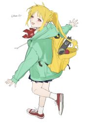 Rule 34 | 1girl, backpack, bag, blonde hair, blue skirt, bocchi the rock!, full body, green jacket, highres, ijichi nijika, jacket, junro, long hair, looking at viewer, open bag, open mouth, pleated skirt, red eyes, school uniform, shoes, side ponytail, sidelocks, simple background, skirt, smile, sneakers, solo, standing, white background, yellow bag