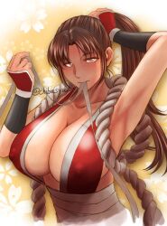 Rule 34 | 1girl, adjusting hair, arm guards, armpits, arms behind head, arms up, bare shoulders, blush, breasts, brown eyes, brown hair, chiba shuusaku, cleavage, fatal fury, hair lift, hair tie, hair tie in mouth, hand in own hair, hands in hair, high ponytail, holding, holding own hair, japanese clothes, large breasts, long hair, looking at viewer, mouth hold, ninja, ponytail, revealing clothes, ribbon, ribbon in mouth, rope, shiranui mai, sideboob, snk, solo, the king of fighters, tying hair