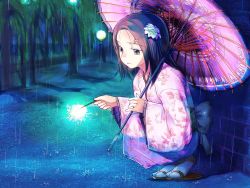 Rule 34 | 1girl, fireworks, flower, hair flower, hair ornament, japanese clothes, kimono, mekarauroko, oil-paper umbrella, original, pink kimono, rain, solo, sparkler, squatting, umbrella, yukata