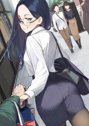 Rule 34 | 2boys, 2girls, 92m, arms at sides, bag, black bag, black skirt, blue eyes, blue hair, blue nails, brown pantyhose, clenched teeth, commentary request, dateko (92m), fingernails, from behind, glasses, grin, highres, holding, holding bag, holding hands, jacket, long sleeves, multiple boys, multiple girls, nail polish, original, otouto (92m), outdoors, pantyhose, pov, round eyewear, shirt, skirt, smile, striped clothes, striped skirt, teeth, translation request, unworn jacket, vertical-striped clothes, vertical-striped skirt, walking, white shirt