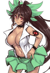 Rule 34 | 1girl, adapted costume, alternate hairstyle, antenna hair, armlet, bow, breasts, brown hair, choker, cleavage, colorized, dark-skinned female, dark skin, female focus, hair bow, houtengeki, large breasts, light smile, long hair, looking at viewer, navel, open clothes, open shirt, ponytail, red eyes, reiuji utsuho, shiny skin, shirt, simple background, sketch, skirt, smile, solo, third eye, touhou, white background, wristband