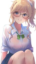 Rule 34 | 14sai bishoujo (shoutarou), 1girl, bespectacled, black-framed eyewear, blonde hair, blue eyes, blue scrunchie, blue skirt, blush, bow, bowtie, breasts, collarbone, dot nose, glasses, green bow, green bowtie, grin, hair ornament, hair scrunchie, highres, idolmaster, idolmaster cinderella girls, idolmaster cinderella girls starlight stage, knees up, large breasts, long hair, looking at viewer, ohtsuki yui, pleated skirt, ponytail, school uniform, scrunchie, shirt, simple background, sitting, skirt, sleeves rolled up, smile, solo, wavy hair, white background, white shirt