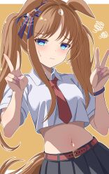 Rule 34 | 1girl, 96dai 0313, absurdres, alternate costume, alternate hairstyle, animal ears, blue eyes, blush, breasts, brown background, brown hair, closed mouth, double v, fingernails, grass wonder (umamusume), hair between eyes, hair ornament, highres, horse ears, horse girl, horse tail, looking at viewer, midriff, navel, necktie, simple background, small breasts, solo, sweat, tail, twintails, umamusume, v