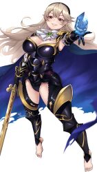 Rule 34 | 1girl, absurdres, armor, black hairband, breasts, cape, cleavage, corrin (female) (fire emblem), corrin (female) (nohr noble) (fire emblem), corrin (fire emblem), fire emblem, fire emblem fates, fire emblem heroes, gloves, hair between eyes, hairband, highres, large breasts, leotard, long hair, looking at viewer, nintendo, official alternate costume, pointy ears, ravenhart, red eyes, simple background, solo, thighhighs, torn clothes, white hair