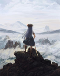 Rule 34 | 1girl, above clouds, amibazh, blue hair, boots, cloud, cloudy sky, commentary request, day, dress, fine art parody, food, from behind, fruit, full body, hair blowing, hat, hinanawi tenshi, knee boots, layered dress, leaf, long hair, mountain, parody, peach, short sleeves, sky, solo, standing, sword of hisou, touhou, very long hair, wanderer above the sea of fog, wind