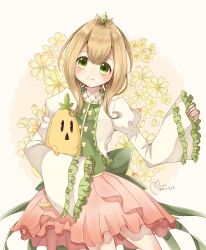 Rule 34 | 1girl, bad leg, blonde hair, blunt bangs, blush, bow, cardigan, closed mouth, curly hair, dot nose, flower, frilled skirt, frilled sleeves, frills, gem, green eyes, green gemstone, green shirt, hand up, highres, holding, holding stuffed toy, juliet sleeves, layered sleeves, long sleeves, looking at viewer, magia record: mahou shoujo madoka magica gaiden, magical girl, mahou shoujo madoka magica, medium hair, miniskirt, pink flower, pink skirt, puffy sleeves, satori kagome, shirt, signature, skirt, smile, solo, split mouth, stuffed toy, white cardigan, yellow background, yellow bow, yellow flower, yuramero67